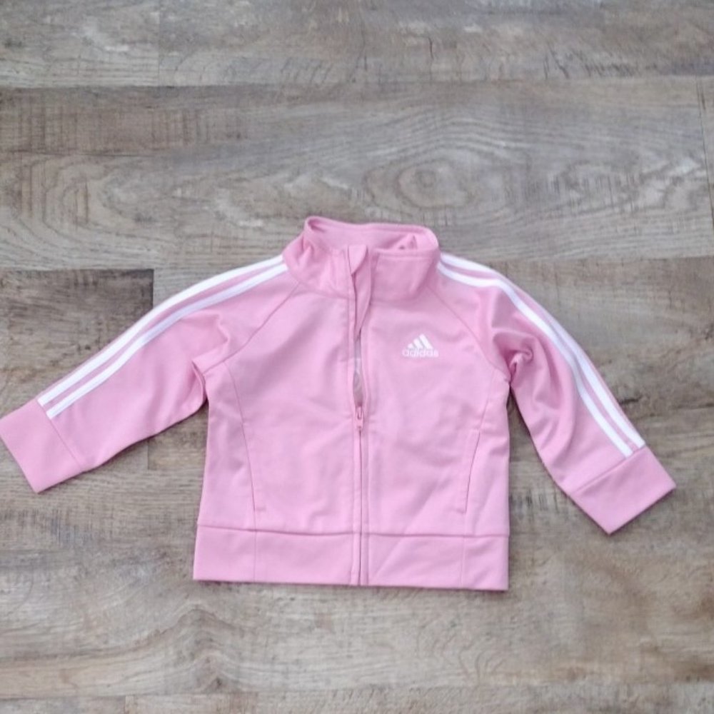 ADIDAS girls pink zip long‎ sleeve jacket Adidas logo on front & back 12 Months